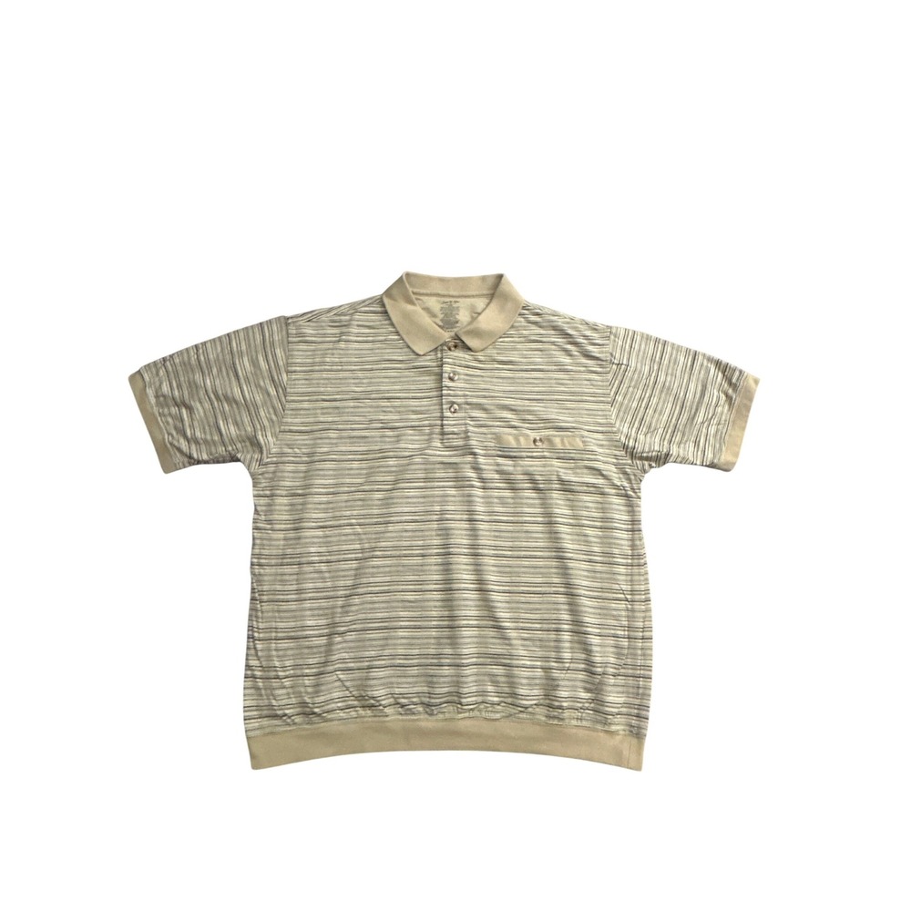 David Taylor Polo Shirt Mens Large Tan Beige Excellent Banded Bottom Striped